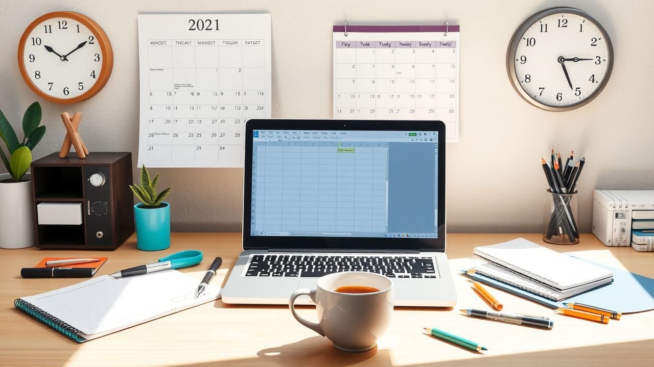 Een opgeruimde werkplek met laptop, kalender en koffie.