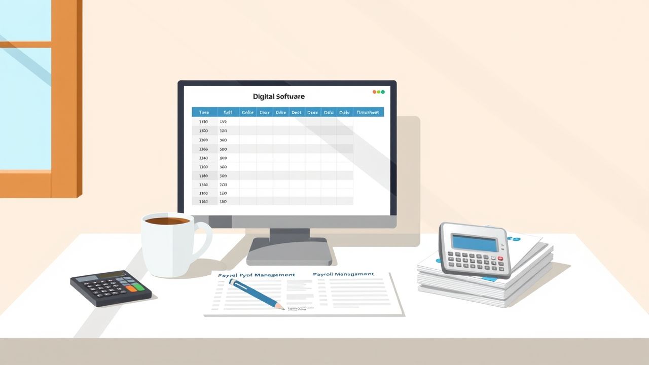 Een opgeruimd bureau met computer, koffie en papierwerk.