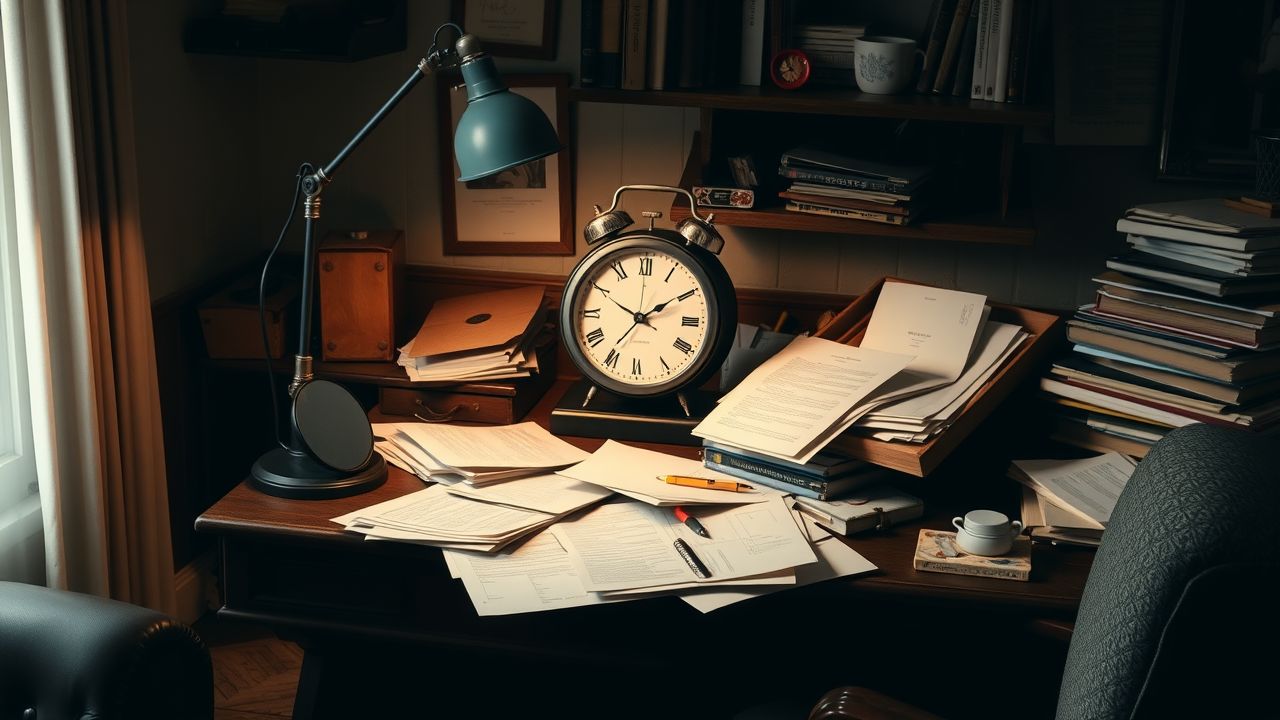 Een rommelig, gezellig thuiskantoor met een vintage bureau en klok.