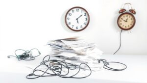 Een rommelige en onproductieve zakelijke omgeving met stapels papieren en verwarde snoeren.