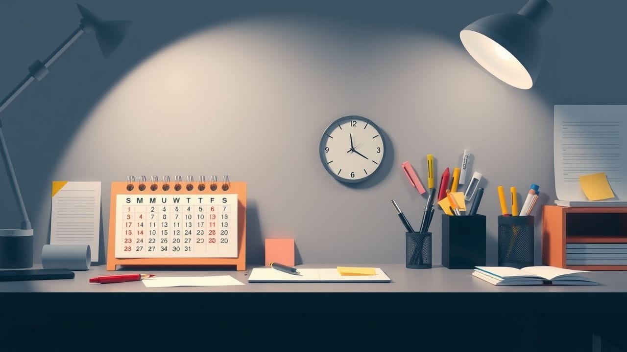 Een georganiseerd kantoorbureau met een nadruk op tijdbeheer.