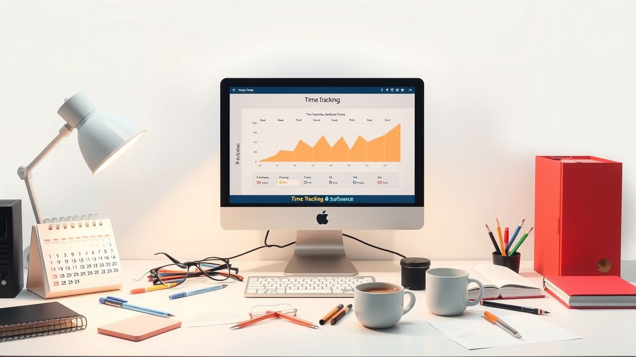 Een opgeruimd kantoorbureau met computer, kalender en koffiebeker.