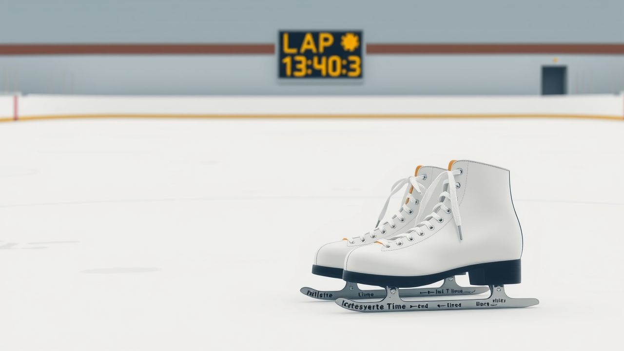 Een paar schaatsen op een ijsbaan met een digitale timer.