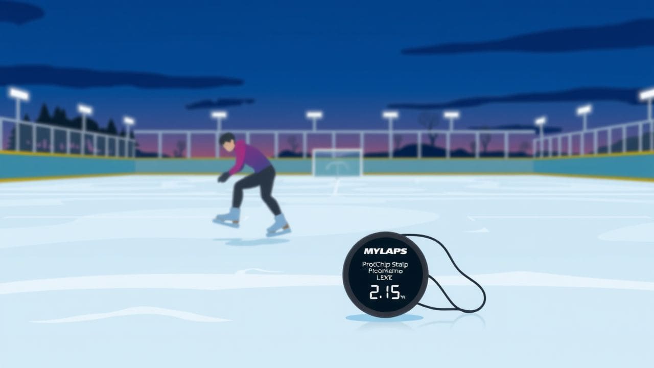 Een ijsbaan bij schemering met snelheidsschaatsen en timing-chip gemonteerd.