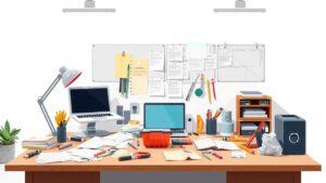 Een rommelig bouwplaats kantoor bureau met gereedschap en papieren.