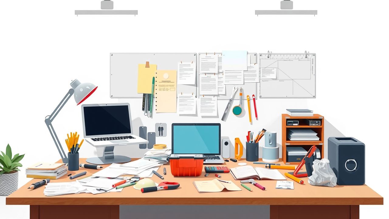 Een rommelig bouwplaats kantoor bureau met gereedschap en papieren.