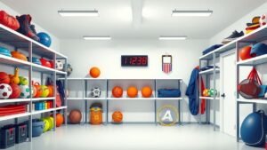 Een goed georganiseerde sportuitrusting opslagruimte met planken vol ballen.