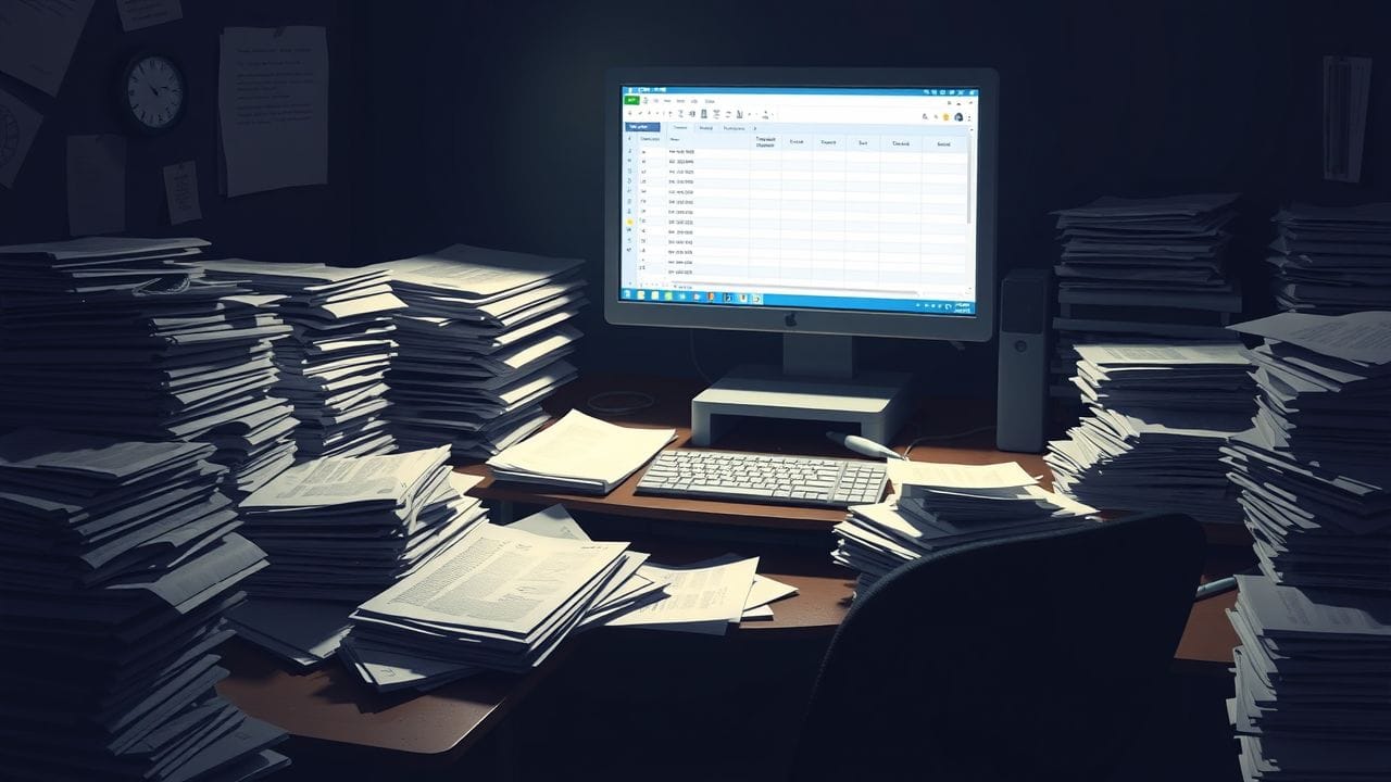 Een rommelig kantoorbureau met stapels papieren en een computerscherm.