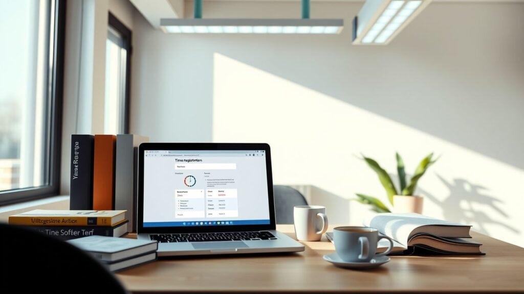 Een modern kantoorbureau met laptop, boeken en koffie.