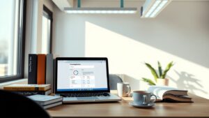 Een modern kantoorbureau met laptop, boeken en koffie.