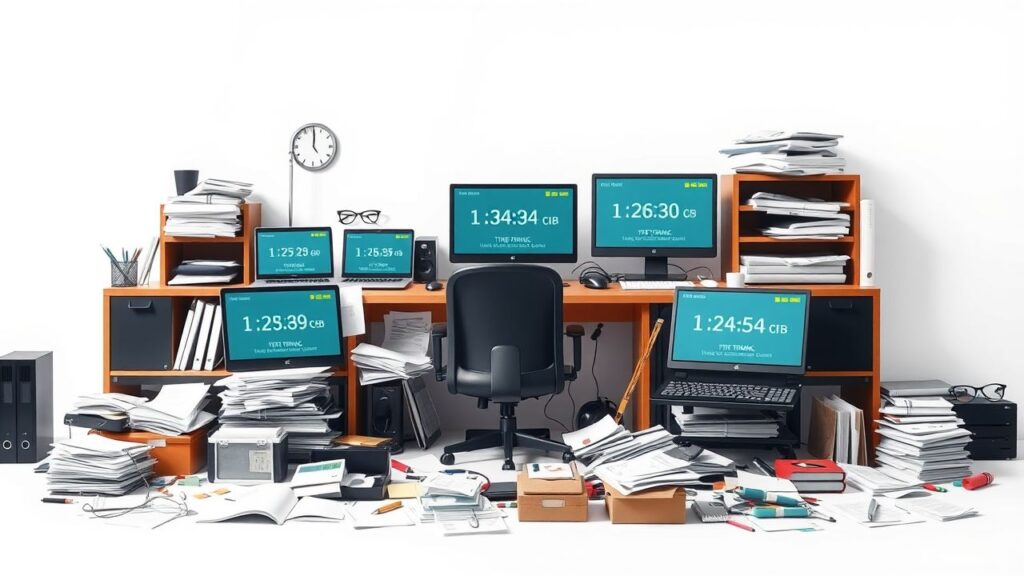 Een rommelig kantoorbureau met tijdregistratiesoftware en veel papierwerk.