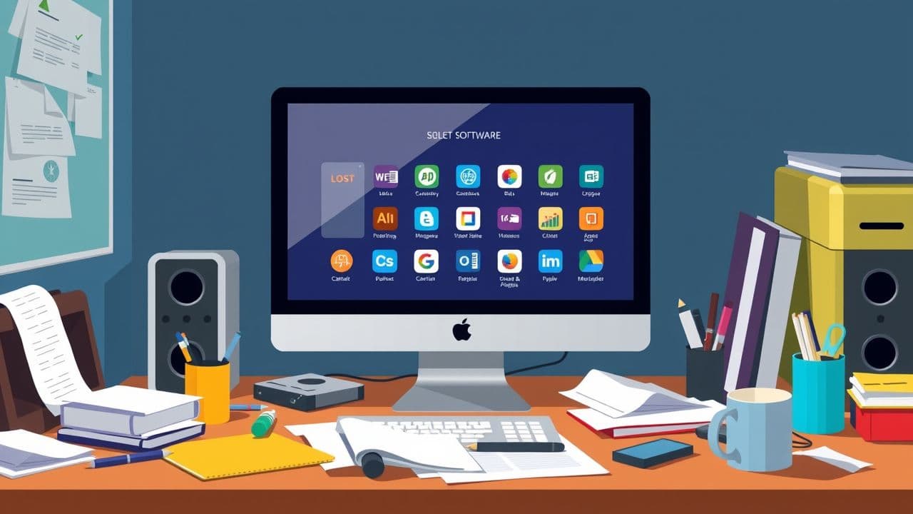 Een rommelig kantoorbureau met een computer en kantoorbenodigdheden.