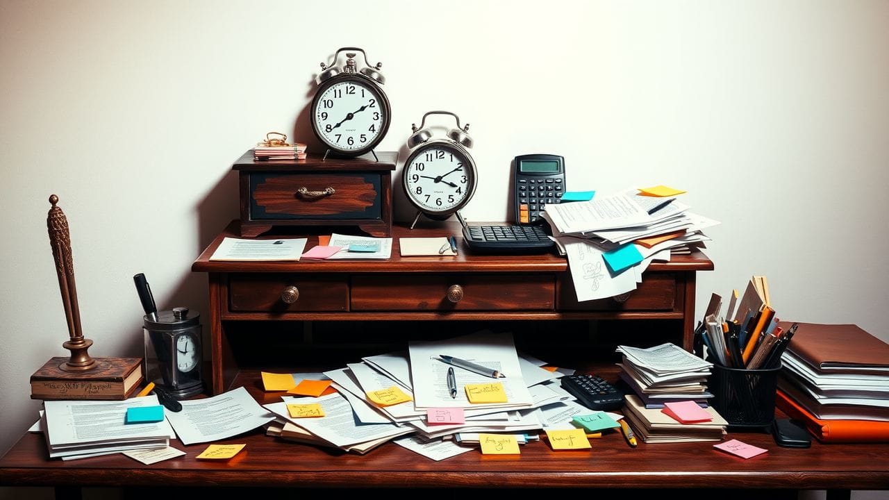 Een rommelig thuiskantoor met een oude houten bureau en papieren.