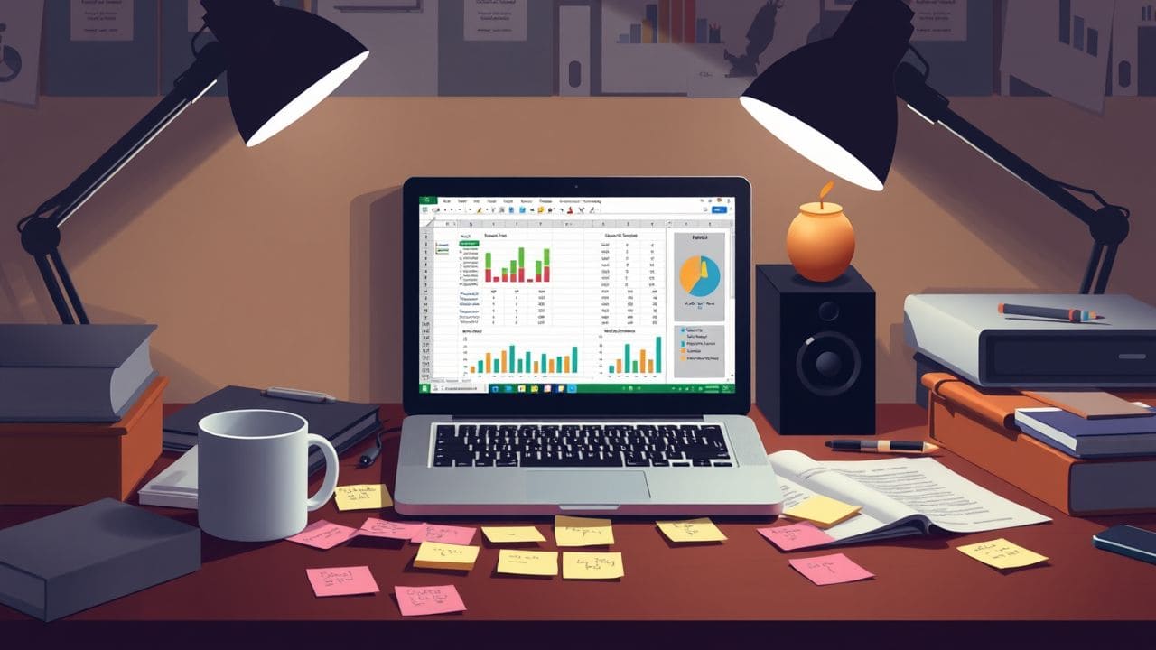 Een rommelig bureau met laptop, koffiemok en post-its, suggereert late-night werk.