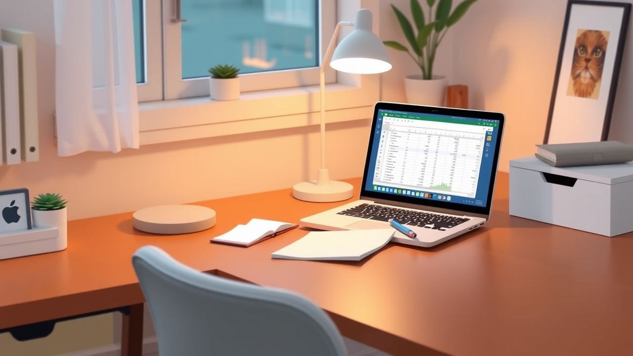 Een opgeruimd thuiskantoor met een laptop, notitieboek en pen.