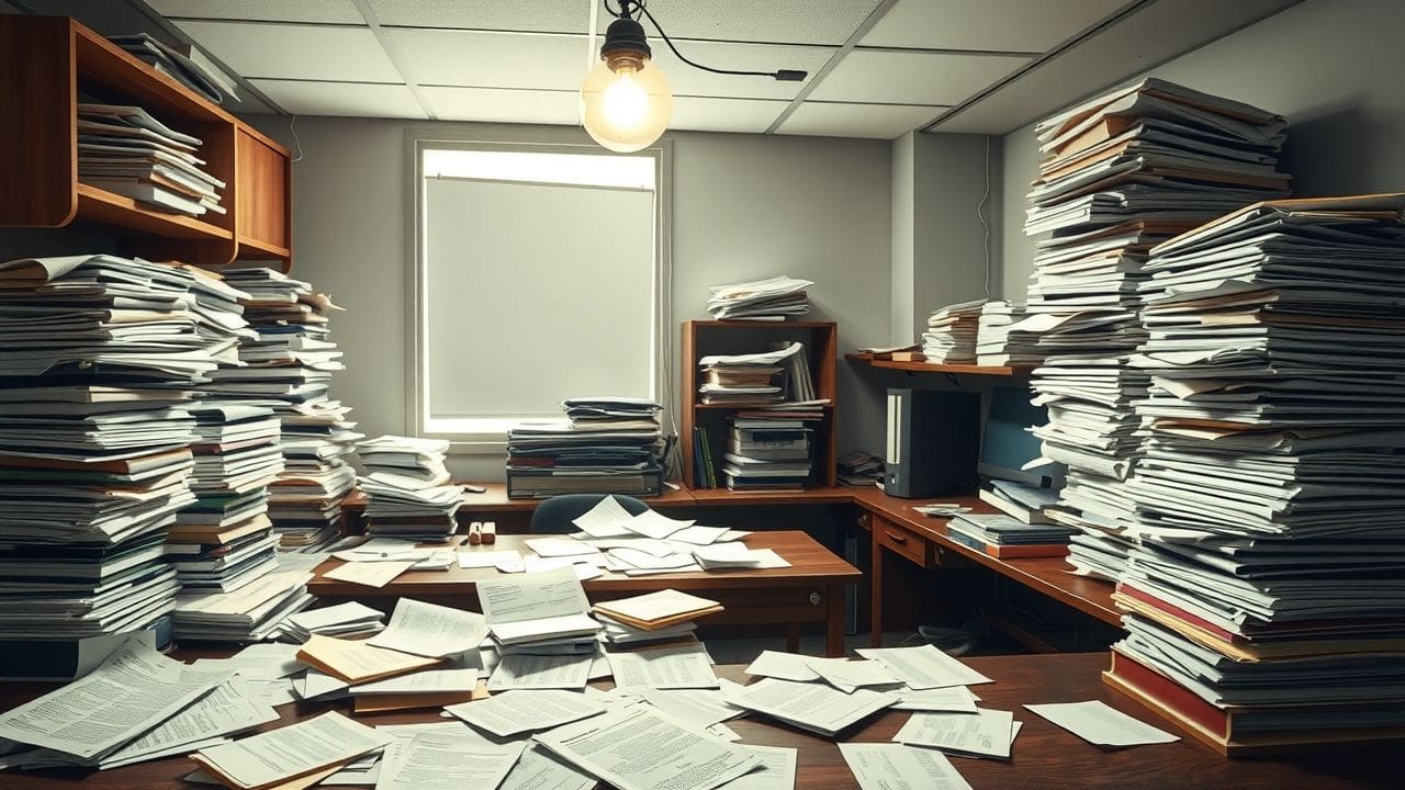 Een oude en rommelige kantoor bureau.