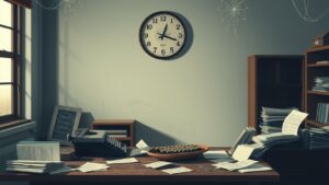 Een verlaten kantoor met oude klok en typemachine.