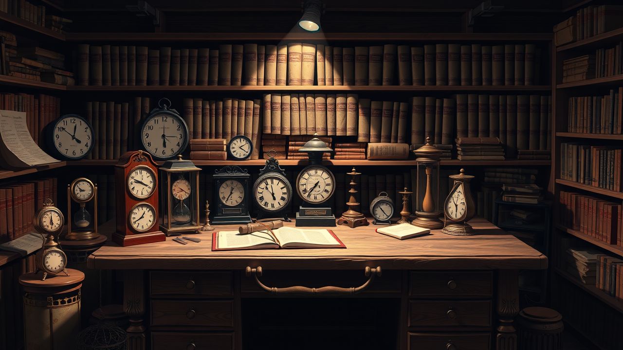 Een rommelig houten bureau met ouderwetse tijdmeetapparaten en juridische boeken.