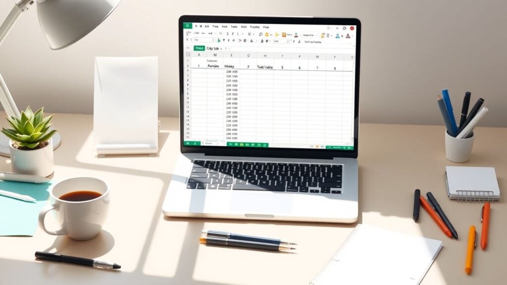 Een platte designstijl afbeelding van een kantoorbureau met een open laptop.