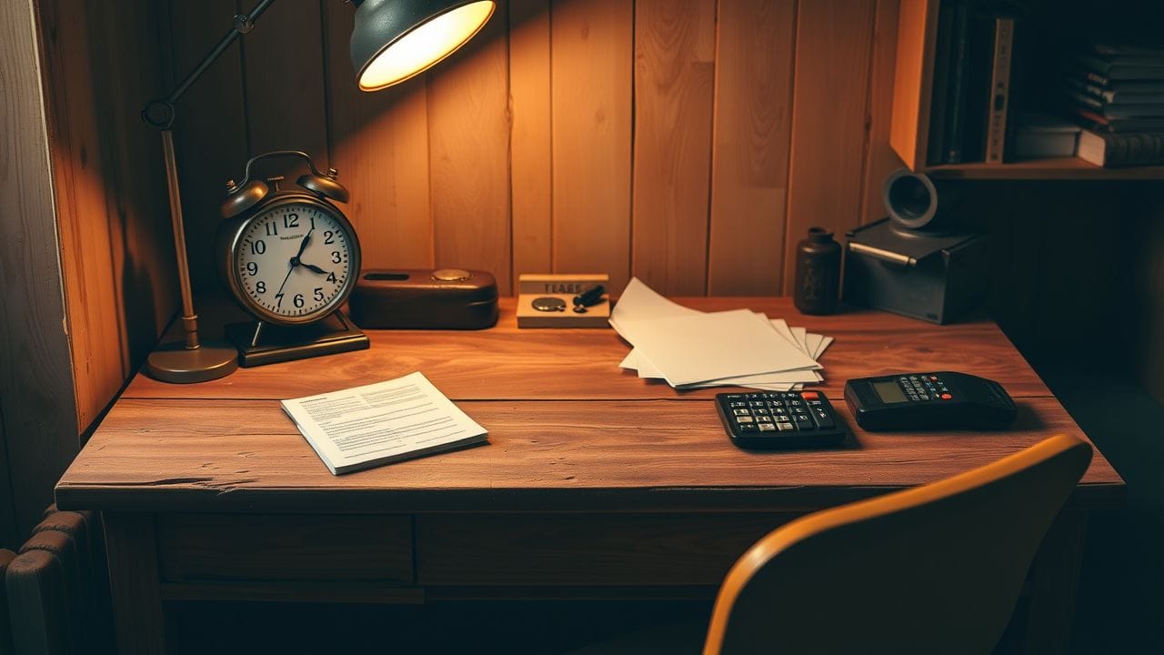 Een gezellig thuiskantoor met een oude klok, verspreide papieren en een rekenmachine op een verweerd houten bureau.
