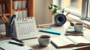 Een georganiseerde werkruimte met kalender, kantoorbenodigdheden en vakantiedagen.