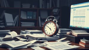 Een rommelig kantoor met een klok en tijdsregistratiesoftware op het scherm.
