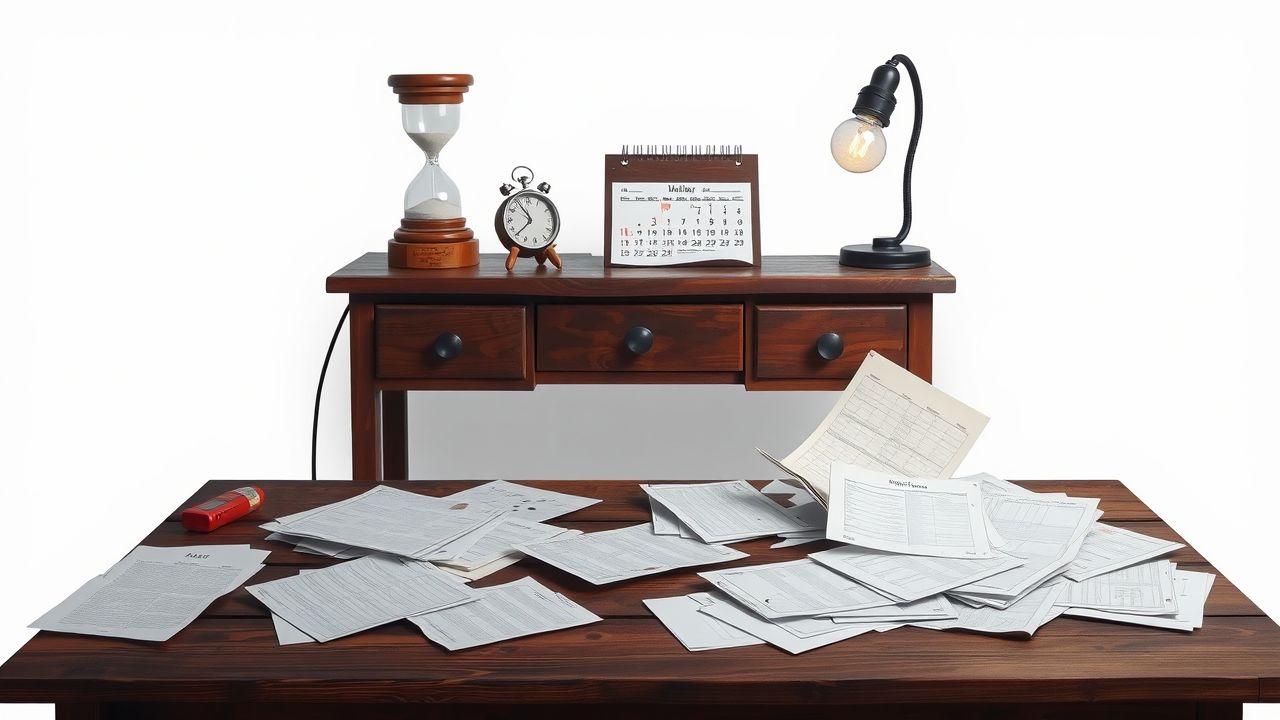 Een oude houten bureau met een traditionele zandloper en vintage stopwatch.