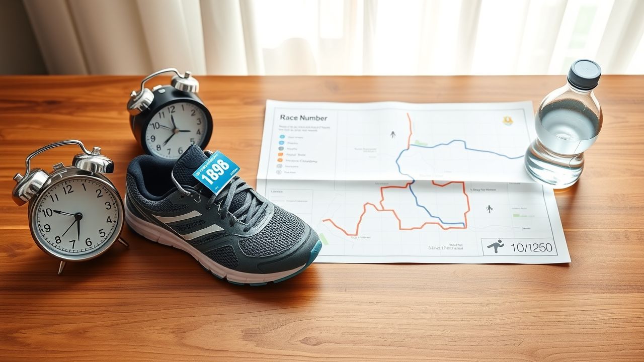 Een voorbereiding op hardlopen race met schoenen, startnummer, kaart en water.