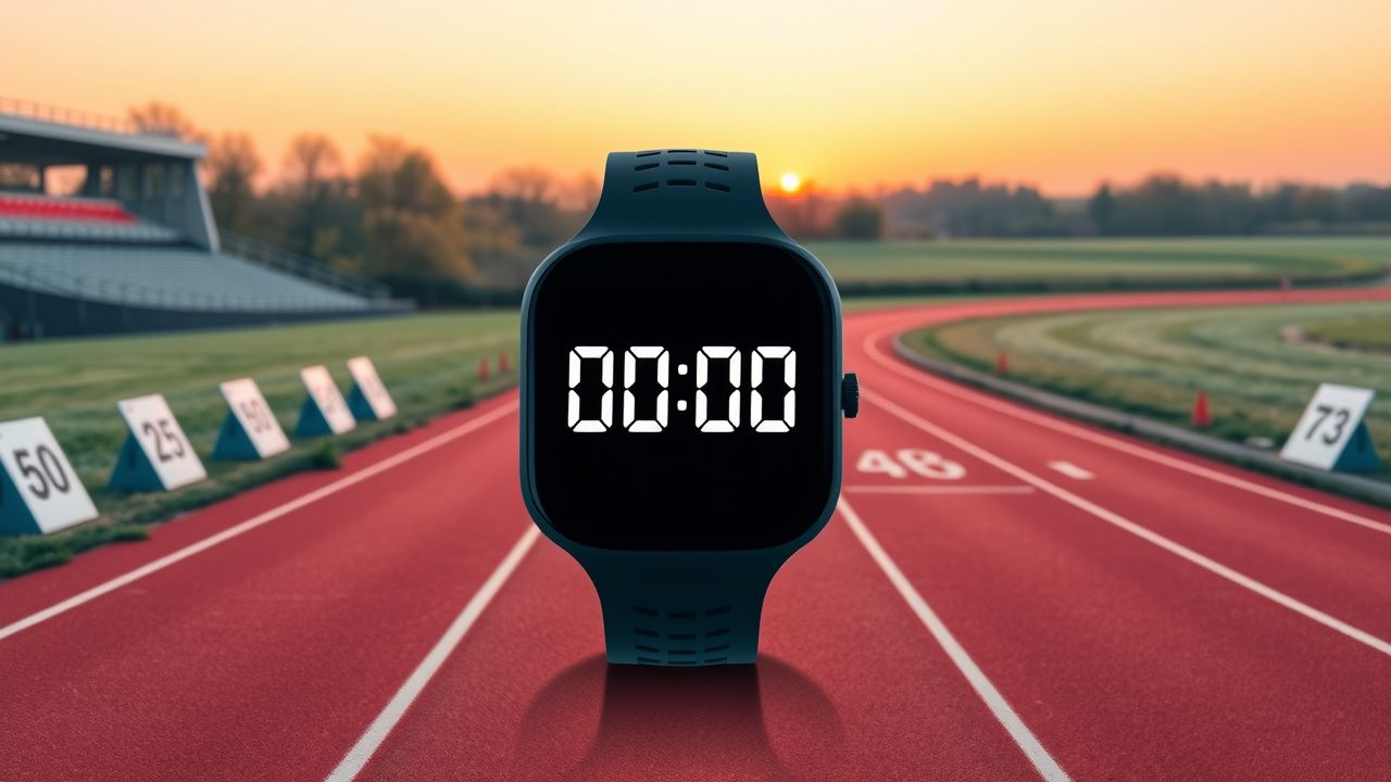 Een plat ontwerp van een hardloper polsband met een digitale timer op een Nederlands hardloopbaan.