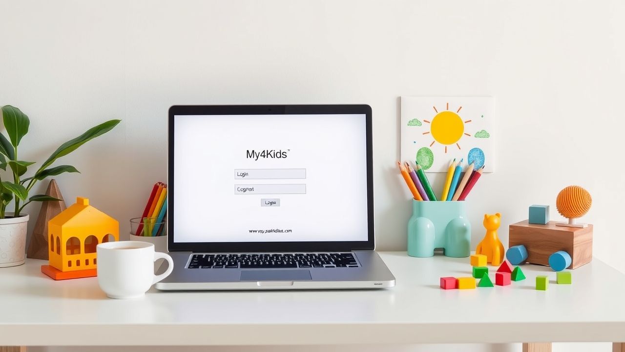 Een huiselijk thuiskantoor met kindvriendelijke decoraties en laptop.