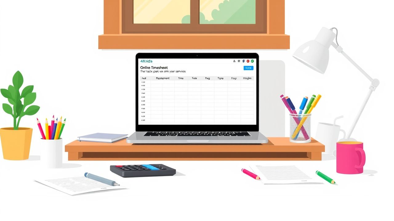 Een georganiseerd thuiskantoor met focus op kinderopvangtijdregistratie.