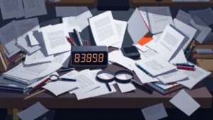 Een rommelig bureau met papieren en kantoorbenodigdheden in een flat design stijl.