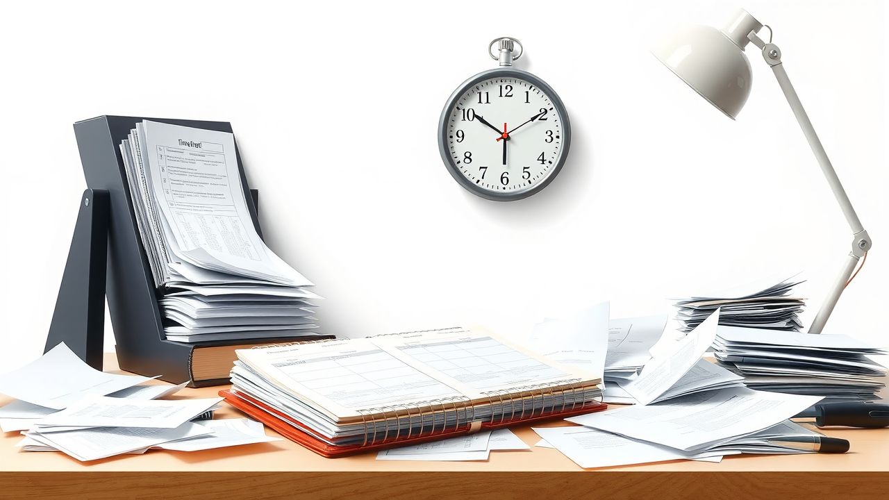 Een rommelig bureau met een verkeerd ingestelde klok en chaotische planner.