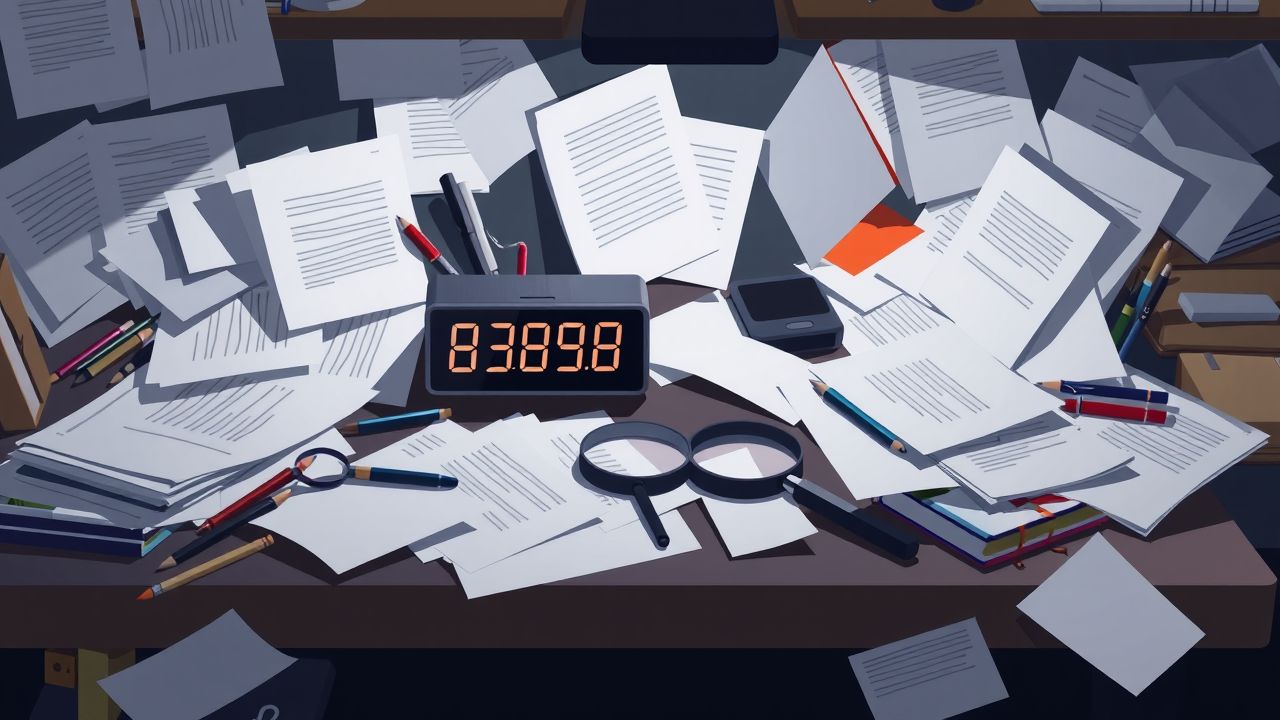 Een rommelig bureau met papieren en kantoorbenodigdheden in een flat design stijl.