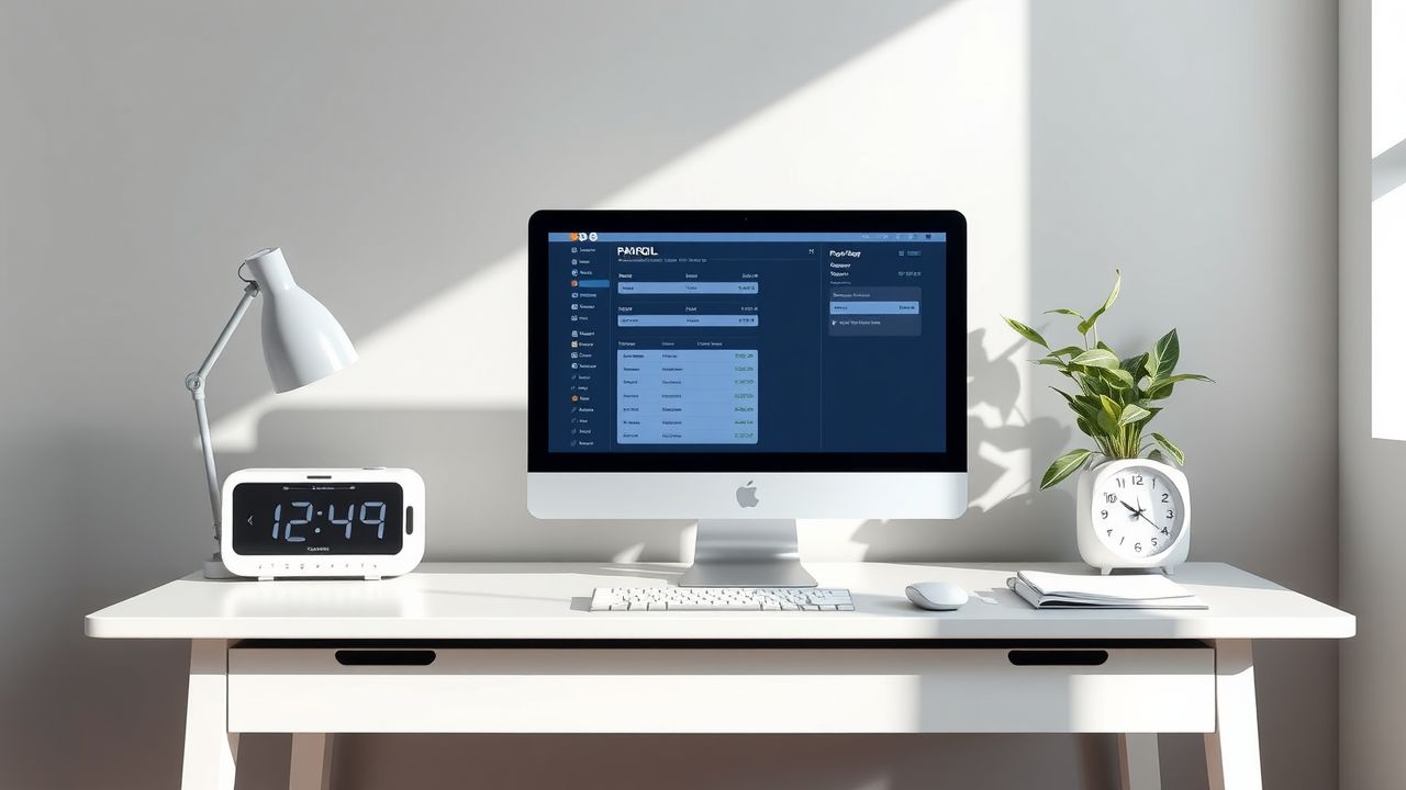 Een georganiseerd kantoorbureau met een loonsysteem en computermonitor.