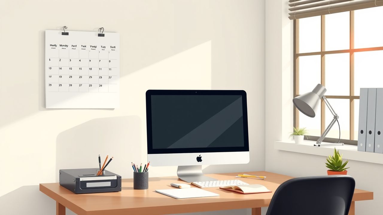 Een opgeruimde werkruimte met kalender, computer en notitieblok.