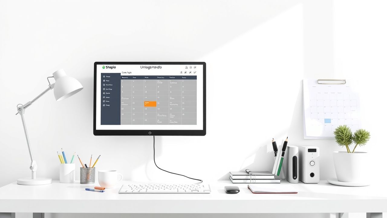 Een georganiseerd bureau met personeelsplanning en tijdregistratiesoftware op een computerscherm.