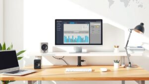 Een goed georganiseerd kantoor bureau met moderne tijdregistratiesysteem.