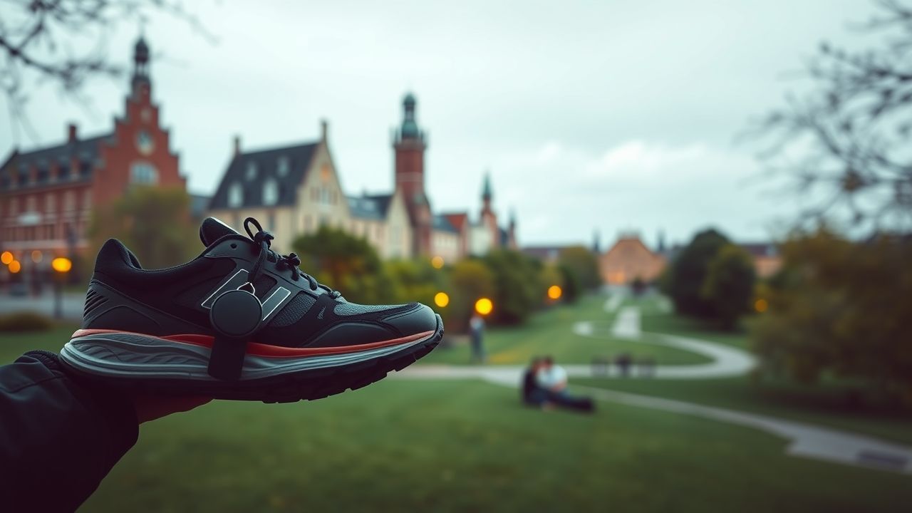 Een BibTag tijdregistratiesysteem bevestigd aan een hardloopschoen in een park.