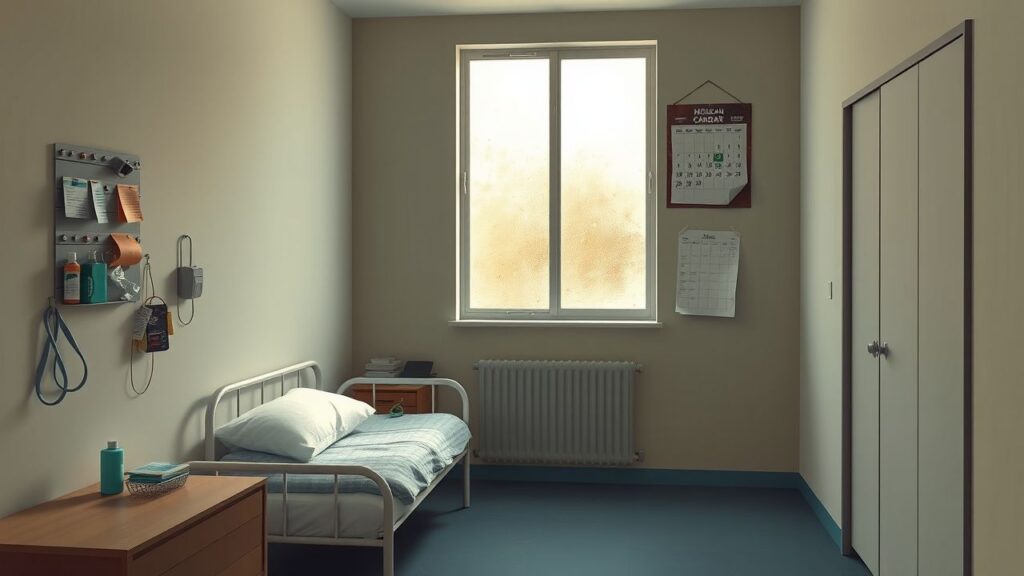 Een rustige, opgeruimde ziekenhuiskamer met een zorgvuldig opgemaakt bed.