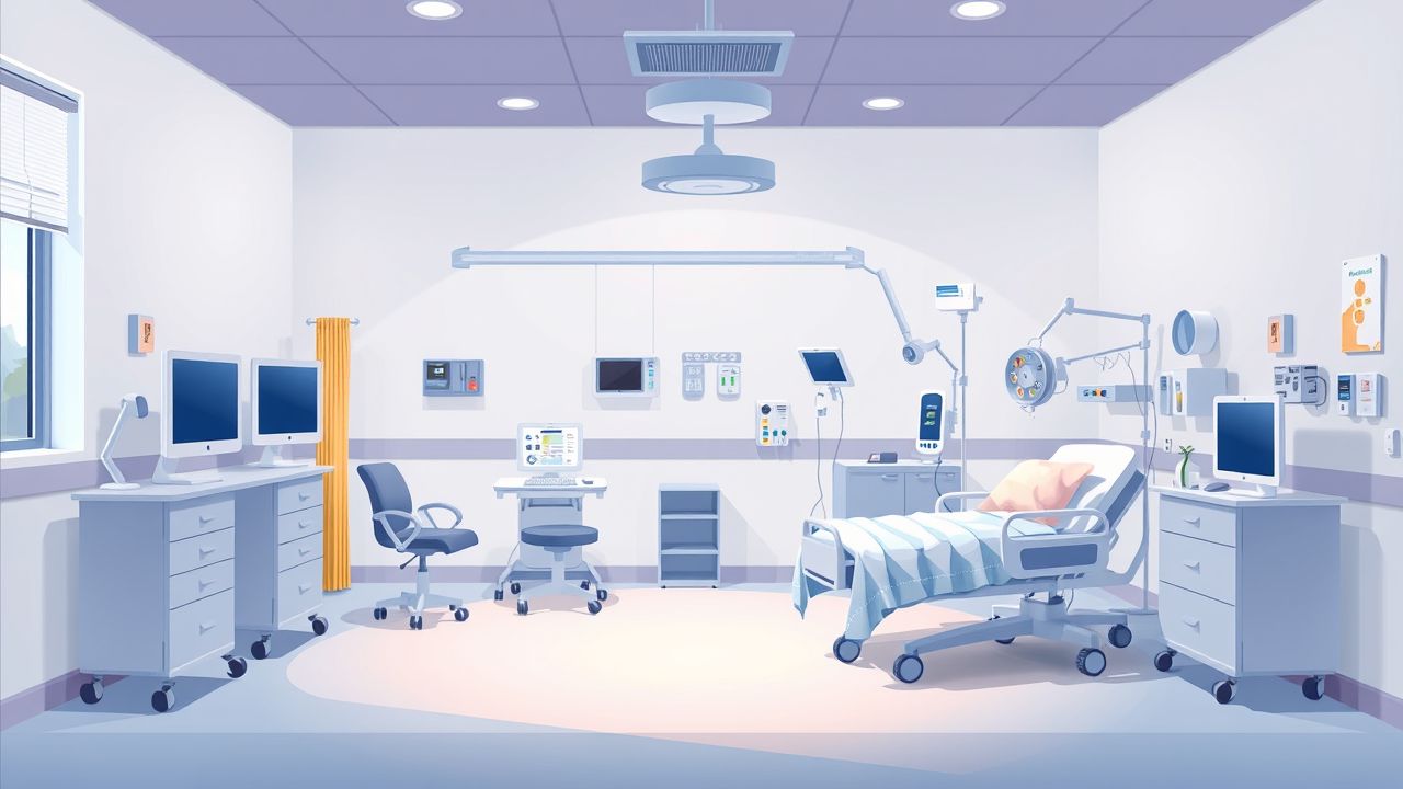 Een vredige kamer in een zorginstelling met geavanceerde medische apparatuur. Een vredige kamer in een zorginstelling met geavanceerde medische apparatuur.