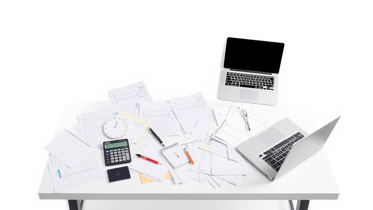 Een rommelig bureau met tijdschema's, een rekenmachine en een laptop.