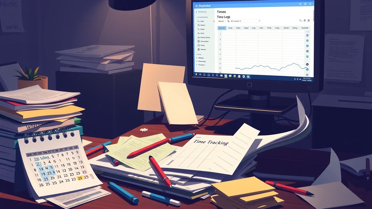 Een rommelig bureau met tijdsregistratiesoftware, papieren en deadlines.