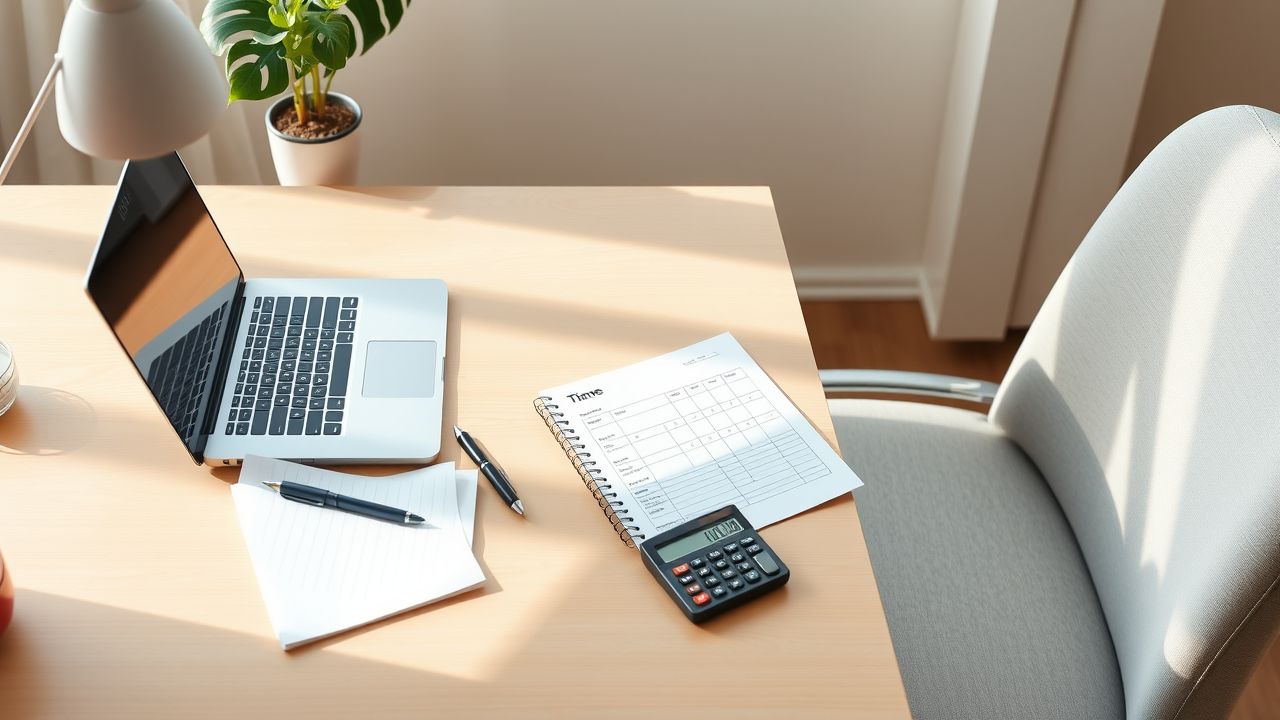 Een georganiseerd bureau met laptop, notitieboekje, en papierwerk.
