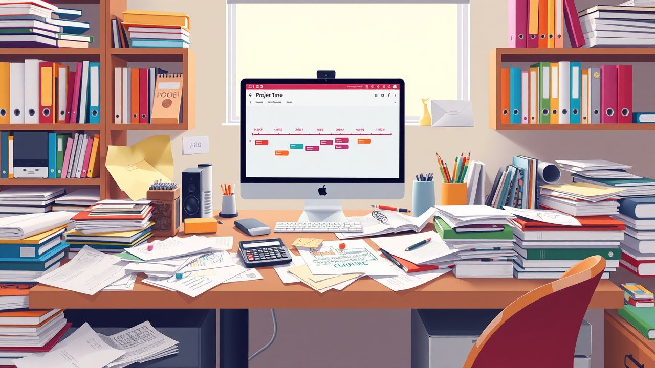 Een rommelig bureau met effectief tijdmanagement en gezellige inrichting.