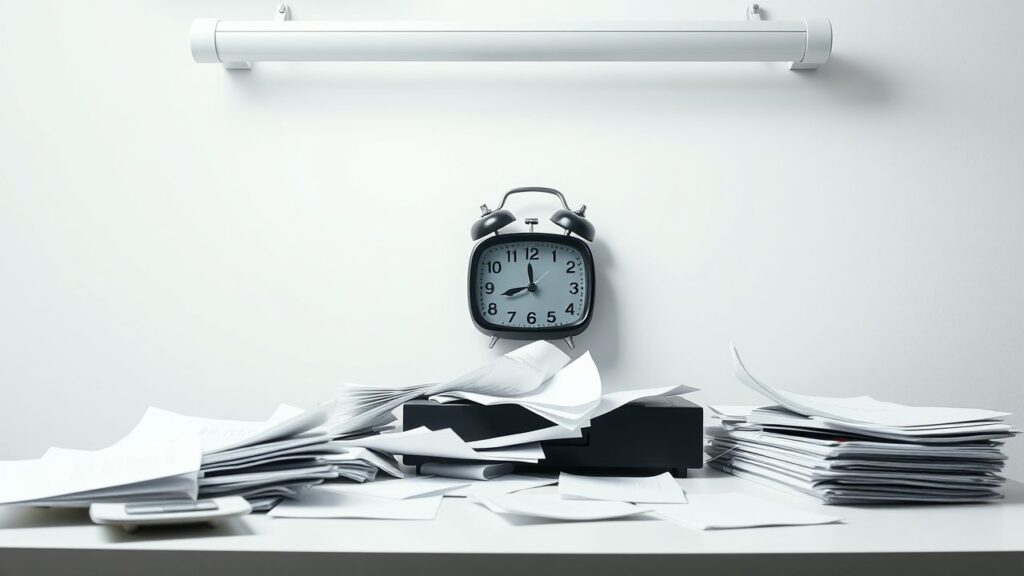 Een rommelig bureau met papieren en een late klok.