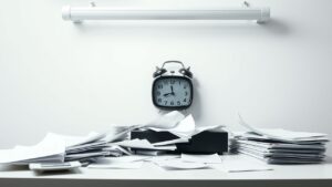 Een rommelig bureau met papieren en een late klok.