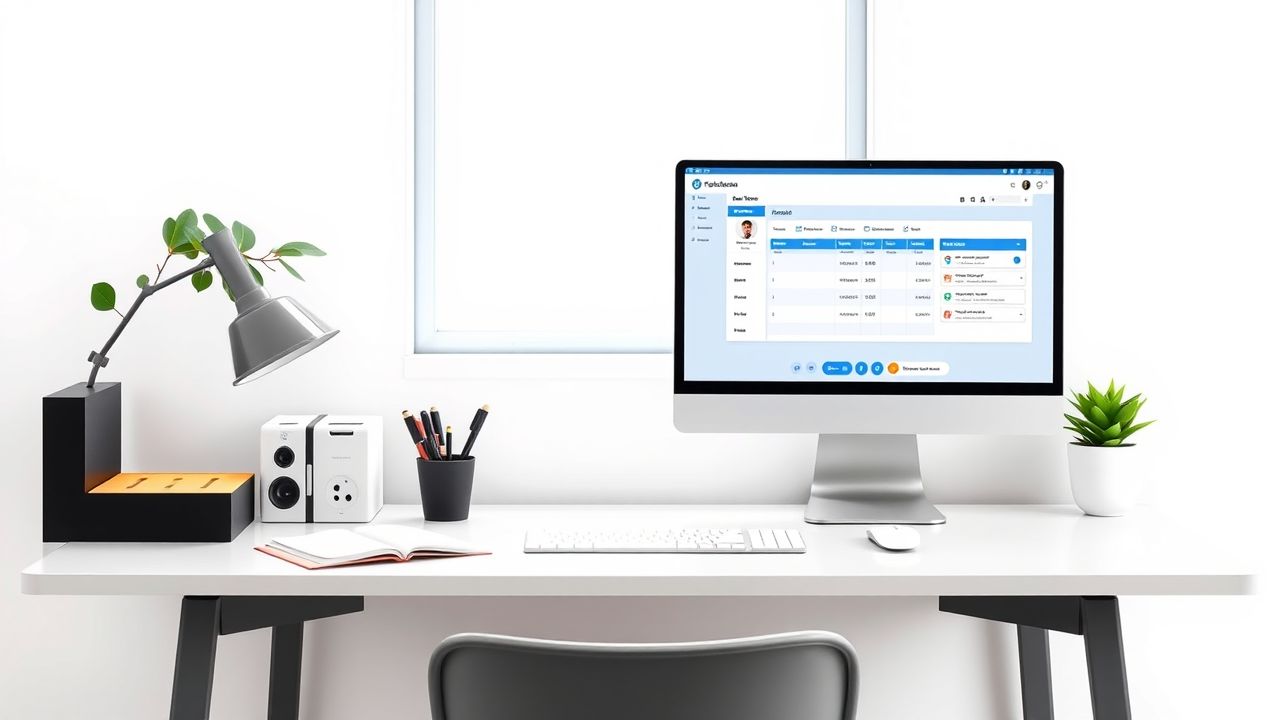 Een georganiseerd kantoor met een gebruiksvriendelijke tijdregistratiesoftware op een computer.