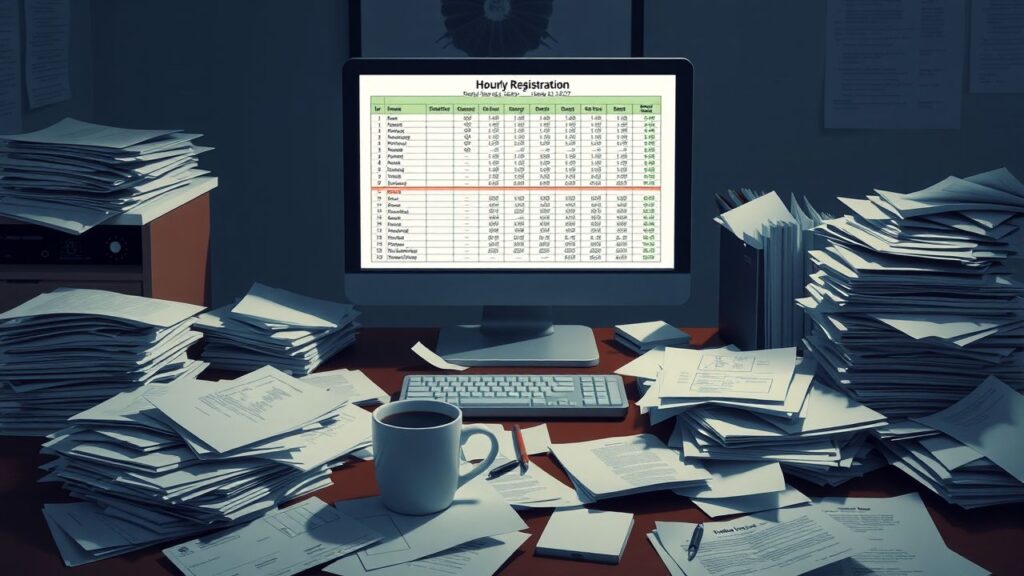 Een rommelig bureau met een chaotische werkplek en stapels papierwerk.