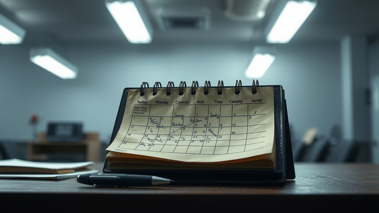 Een verwaarloosde bureaukalender met verkreukelde pagina's en aantekeningen.